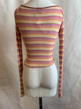 Womens, Top, OUT FROM UNDER, Tan Brown, Apricot Orange, Lilac Purple, Cream, Sienna Brown, Polyester, Viscose, Stripes - Horizontal , XS, Bateau/Boat Neck, Long Sleeves, Cropped, Lettuce Trim, Rib Knit,