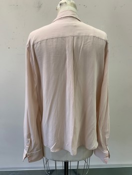 Womens, Blouse, EQUIPMENT, Lt Pink, Silk, Solid, S, L/S, Button Front, Camp Collar, White Piping Trim, Looks Like/Is a Pajama Shirt