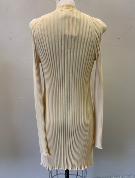 Womens, Sweater, HERVE LEGER, Cream, Viscose, Solid, M, Rib Knit, Long Sleeves, Open at Front with No Closures, Hip Length, Slinky and Fitted