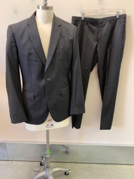 HUGO BOSS, Dk Gray, Black, Wool, Plaid, Notched Lapel, Single Breasted, Button Front, 2 Buttons, 3 Pockets