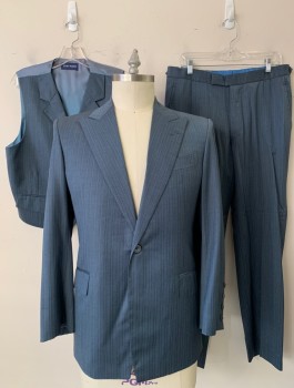 Mens, Suit, Jacket, JOHN PERSE, Blue-Gray, Aqua Blue, Wool, Stripes - Vertical , Herringbone, 42R, 1 Button, Flap Pockets, Peak Lapel, Double Vent, 4 Working Sleeve Buttons, Pants Have a Repaired Tear on Upper Left Thigh See Detail Photo,