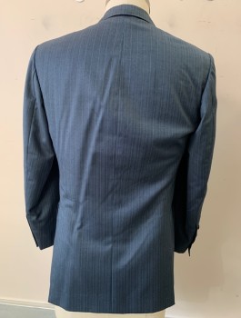 Mens, Suit, Jacket, JOHN PERSE, Blue-Gray, Aqua Blue, Wool, Stripes - Vertical , Herringbone, 42R, 1 Button, Flap Pockets, Peak Lapel, Double Vent, 4 Working Sleeve Buttons, Pants Have a Repaired Tear on Upper Left Thigh See Detail Photo,