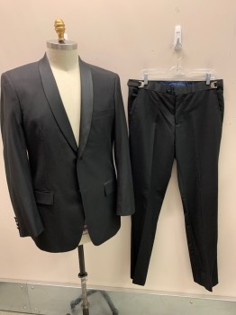 Mens, Suit, Jacket, ANGELO ROSSI, Black, Polyester, Rayon, Solid, 44L, Single Breasted, 2 Buttons, Shawl Lapel, Satin Lapel, Double Vent