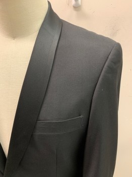 Mens, Suit, Jacket, ANGELO ROSSI, Black, Polyester, Rayon, Solid, 44L, Single Breasted, 2 Buttons, Shawl Lapel, Satin Lapel, Double Vent