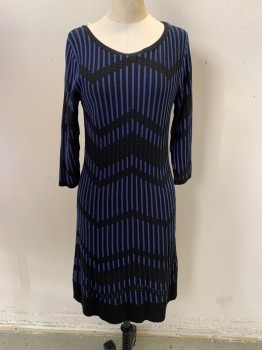 Womens, Dress, Long & 3/4 Sleeve, JUST TAYLOR, French Blue, Black, Rayon, Polyester, Stripes - Vertical , Zig-Zag , M, Sweater Dress, Scoop Neck, Long Sleeves, Perforated, Hem Below Knee