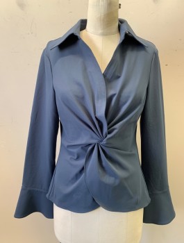 Womens, Top, CINQ A SEPT, Slate Gray, Polyester, Solid, M, L/S, Deep V-Neck With Knotted Waist, Collar Attached, Fitted