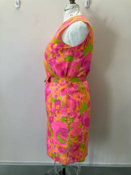 MTO, Glowing Pink/Green/Yellow Floral, CN, Slvls, Sheath, Back Zip, Self Tie BELT