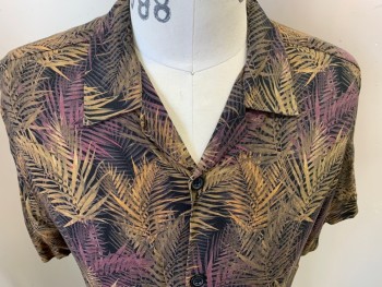 Mens, Casual Shirt, TOPMAN, Black, Lt Brown, Mauve Purple, Taupe, Rayon, Leaves/Vines , C: 40, M, Palm Fronds, Short Sleeves, Button Front, Collar Attached,