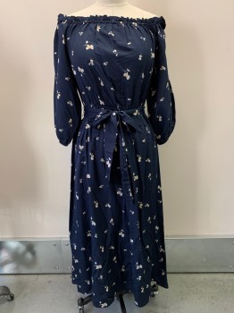 Womens, Dress, Long & 3/4 Sleeve, OUTERKNOWN, Navy Blue, White, Yellow, Ballet Pink, Cotton, Silk, Floral, L, L/S, Off The Shoulder, Elastic Band On Neckline,cuffs, And Waist, Ruffled Trim, Long Length, With Matching Belt