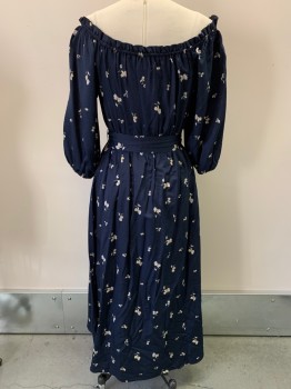 Womens, Dress, Long & 3/4 Sleeve, OUTERKNOWN, Navy Blue, White, Yellow, Ballet Pink, Cotton, Silk, Floral, L, L/S, Off The Shoulder, Elastic Band On Neckline,cuffs, And Waist, Ruffled Trim, Long Length, With Matching Belt