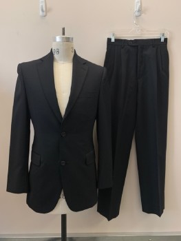 SAVILE ROW, Black, Wool, Solid, 2 Buttons, SB. Notched Lapel, 2 Flap Pockets, 1 Welt Chest Pocket, Side Vents