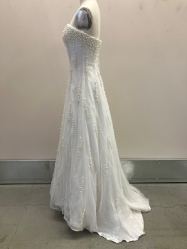 PRECIOUS FORMAL, White, Pearl White, Polyester, Strapless, Boning On Bust, Tulle Overlay, Pearl And Silver Bugle Bead Cluster On Bust And Streaks Throughout, Back Zip,