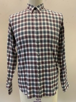 THEORY, Navy Blue, White, Red, Cotton, Plaid, L/S, Button Front, Collar Attached,