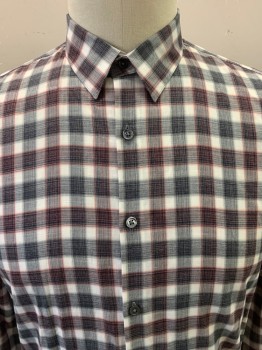 THEORY, Navy Blue, White, Red, Cotton, Plaid, L/S, Button Front, Collar Attached,