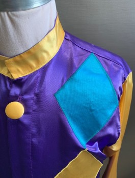 Unisex, Windbreaker, N/L, Purple, Goldenrod Yellow, Turquoise Blue, Polyester, Diamonds, Color Blocking, C:30, Jockey Jacket, Child Size, Satin, 3 Fabric Covered Buttons, Band Collar, Comes With Matching Hat (CF021648)
