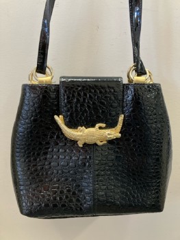 N/L, Black, Leather, Reptile/Snakeskin, Shoulder Strap, Gold Hardware, Gold Alligator, Magnetic Closure