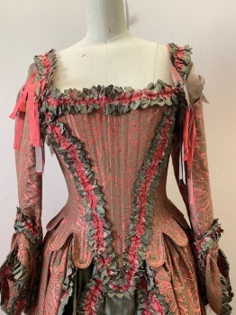 MTO, Coral Orange, Lt Brown, Silk, Synthetic, Floral, 1700s, BODICE, Square Neck, L/S, Ties at Shoulders/Sleeves, Scallop Trim at Waist, Sage Ruffle Trim, Lace Back *Aged/Distressed*