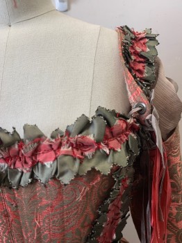 MTO, Coral Orange, Lt Brown, Silk, Synthetic, Floral, 1700s, BODICE, Square Neck, L/S, Ties at Shoulders/Sleeves, Scallop Trim at Waist, Sage Ruffle Trim, Lace Back *Aged/Distressed*