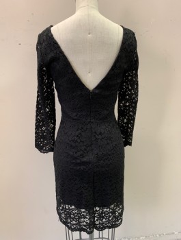 Womens, Cocktail Dress, FOREVER 21, Black, Rayon, Cotton, Solid, S, Floral Lace Over Lining, Long Sleeves with No Lining, Zip Back, Scoop Neck, Knee Length, Lace Hem Longer Than Lining Hem