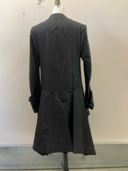 MTO, Black, Silk, Solid, 18th Century Frock Coat, Round Neck,  No Collar, Black Embroiderred Trim, 10+ Btns Front, 2 Big Flap Pckt Below Waist with 3 Button Detail, L/S, Wide Turned Up Cuffs with Single Button, Side Slits And Vent CB