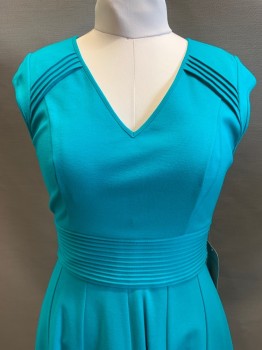 Eliza J., Turquoise Blue, Rayon, Nylon, Solid, Cap Sleeves, V Neck, Diagonal Seam Detail on Shoulders, Ribbed Waist Band, Back Zipper,