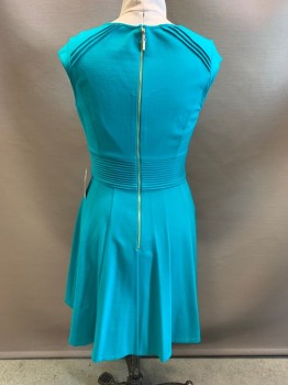 Eliza J., Turquoise Blue, Rayon, Nylon, Solid, Cap Sleeves, V Neck, Diagonal Seam Detail on Shoulders, Ribbed Waist Band, Back Zipper,