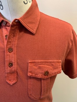 LUCKY BRAND, Brick Red, Cotton, Solid, S/S, 4 Buttons, 2 Pockets With Flaps And Buttons, Piqué