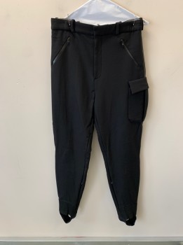 Mens, Sci-Fi/Fantasy Pants, MTO, Black, Polyester, Solid, 32/28, Zip Fly, F.F, 1 Cargo Pocket, 3 Zip Pckts, Belt Loops, Zippers Down Inside Of Legs, Stirrup Style, Gray Pipe Trim
