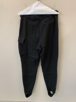 Mens, Sci-Fi/Fantasy Pants, MTO, Black, Polyester, Solid, 32/28, Zip Fly, F.F, 1 Cargo Pocket, 3 Zip Pckts, Belt Loops, Zippers Down Inside Of Legs, Stirrup Style, Gray Pipe Trim