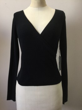 LEITH, Black, Cotton, Synthetic, Solid, Black, Cross Over Bust, V-neck, Long Sleeves, Ribbed