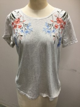 Womens, Top, STYLE & CO., Heather Gray, Peach Orange, Orange, Baby Blue, Olive Green, Cotton, Floral, S, Light Heather Gray with Peach/orange, Baby & French Blue, Olive, Tan Floral Embroidery Work, Round Neck,  Cap Sleeves,