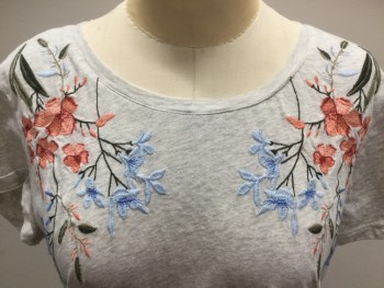 Womens, Top, STYLE & CO., Heather Gray, Peach Orange, Orange, Baby Blue, Olive Green, Cotton, Floral, S, Light Heather Gray with Peach/orange, Baby & French Blue, Olive, Tan Floral Embroidery Work, Round Neck,  Cap Sleeves,