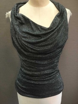 EXPRESS, Metallic, Charcoal Gray, Silver, Rayon, Lurex, Solid, Sleeveless, Metallic Threads Woven Through, Cowl Neck, Ruched At Sides