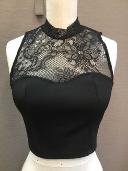 FORA, Black, Polyester, Spandex, Solid, Black Sheer Lace Chest/Mock Neck, Sleeveless, Solid Black Tube Top Torso, Cropped Length