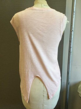 GUESS, Peachy Pink, Black, Gray, Purple, Tan Brown, Cotton, Abstract , TOP:  Heather Peach-pink W/geometric Gray,tan,black,blue and Purple Football-like W/purple Stud Front Center, Rn, Cap Sleeves, Uneven Back Hem See Photo Attached,