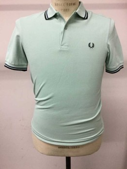 Fred Perry, Mint Green, Navy Blue, Cotton, Polo Pique S/S, Navy Trim, Chest Embroidery,  Logo, Triple
