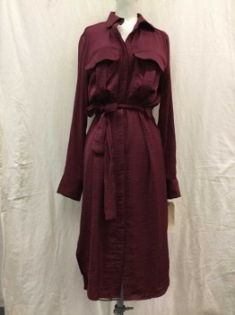 Womens, Dress, Long & 3/4 Sleeve, H&M, Red Burgundy, Polyester, 4, Long Sleeves, Shirt Dress, Button Front, Belted