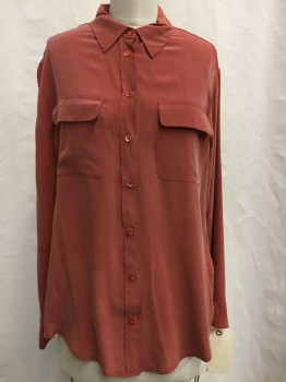Equipment, Rust Orange, Silk, Solid, Button Front, Collar Attached,  Long Sleeves, 2 Flap Pockets
