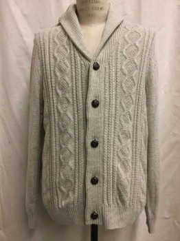 Mens, Cardigan Sweater, TRICOTS ST RAPHAEL, Beige, Cotton, Synthetic, Heathered, L, Heather Beige, Cable Knit