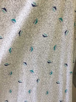 Unisex, Patient Gown, FASHION SEAL, White, Gray, Navy Blue, Turquoise Blue, Teal Blue, Cotton, Mottled, Novelty Pattern, L, Feather/Mottled Novelty Print, Teal blue Twill Collar/Tie, Center Back Half Open
