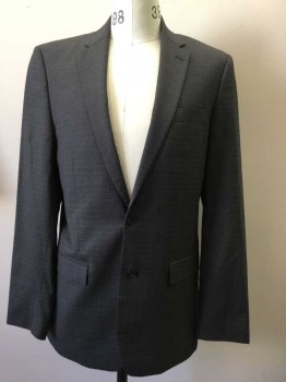 Mens, Suit, Jacket, N/L, Medium Gray, White, Wool, Check , 40L, Single Breasted, 2 Buttons,  Collar Attached, Notched Lapel, 3 Pockets