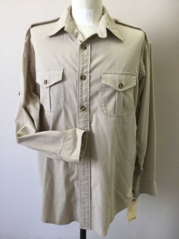 J.L. POWELL, Khaki Brown, Polyester, Cotton, Solid, Button Front, Collar Attached, Epaulets, Long Sleeves with Button Tabs For Cuffs, 2 Point Flap Pleat Pockets