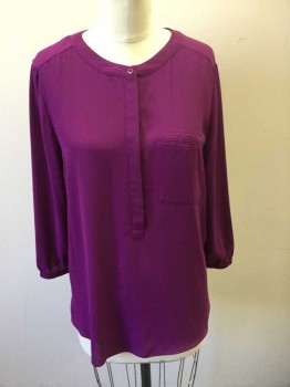 Womens, Blouse, NYDJ, Purple, Polyester, Solid, M, 3/4 Sleeve, 5 Button Closures at Front, Band Collar,  1 Welt Pocket at Chest