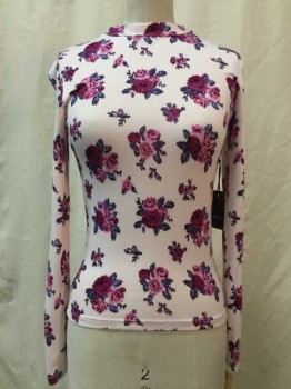 FOREVER 21, Baby Pink, Lavender Purple, Purple, Plum Purple, Mauve Pink, Synthetic, Floral, Lt Pink, Lavender/ Purple/ Plum/ Mauve Pink Floral Print, Mock Neck, Long Sleeves,