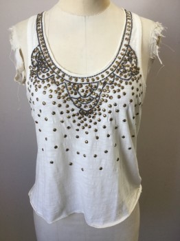 Womens, Top, FREE PEOPLE, Cream, Dk Gray, Brass Metallic, Cotton, Abstract , Heathered, S/P, Heather Cream, Small Round Brass Studs & Dark Gray Beads Along Scoop Neck and Center Front,  1-1/2" Straps, Razor Back (included/attached extra Brass Studs & Gray Beads in a Little Bag)