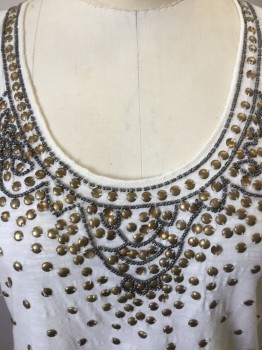 FREE PEOPLE, Cream, Dk Gray, Brass Metallic, Cotton, Abstract , Heathered, Heather Cream, Small Round Brass Studs & Dark Gray Beads Along Scoop Neck and Center Front,  1-1/2" Straps, Razor Back (included/attached extra Brass Studs & Gray Beads in a Little Bag)