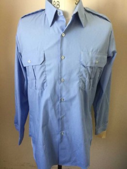 ESCO, Lt Blue, Polyester, Solid, Long Sleeves, Button Front, 2 Pockets, Collar Attached, Epaulets,