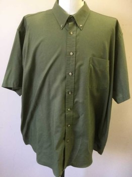 ST. JOHN'S BAY, Olive Green, Cotton, Polyester, Solid, Short Sleeve Button Front, Collar Attached, Button Down Collar, 1 Pocket