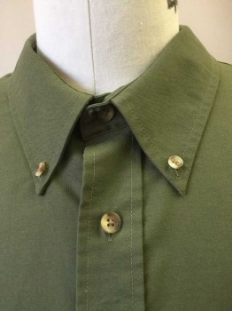 ST. JOHN'S BAY, Olive Green, Cotton, Polyester, Solid, Short Sleeve Button Front, Collar Attached, Button Down Collar, 1 Pocket