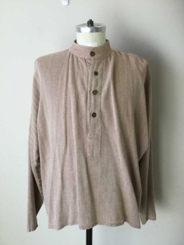 N/L , Lt Brown, Cotton, Rayon, Herringbone, Working Class, Long Sleeves, 4 Button Placet. 1 1/2" Collar Band ,relaxed Dropped Shoulder Seam. No Cuff, Old West